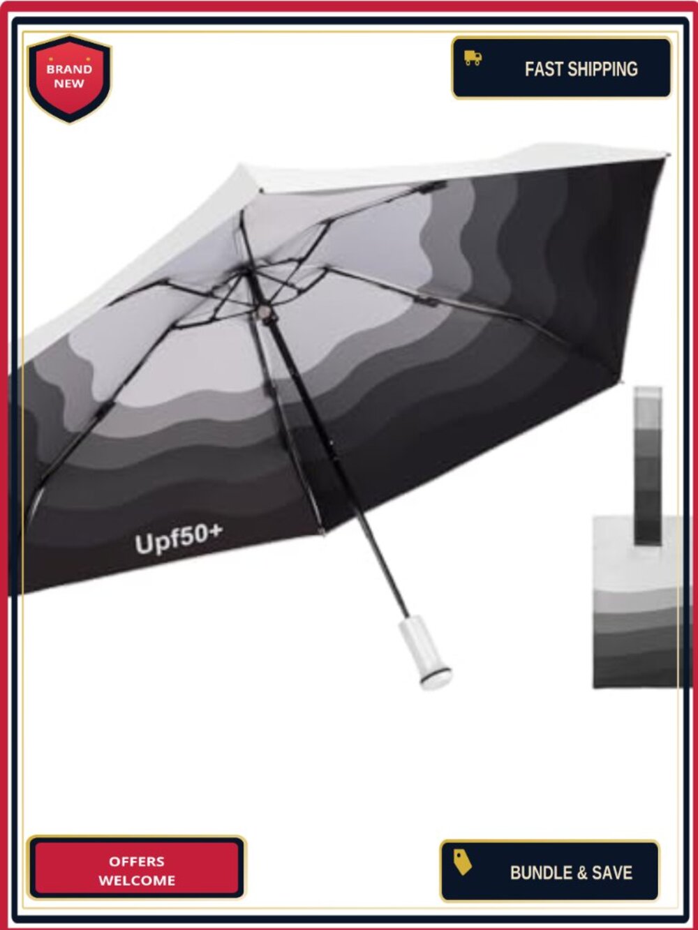 Compact Folding Umbrella UPF 50+ Sun Protection Silver Coating Rain and Travel